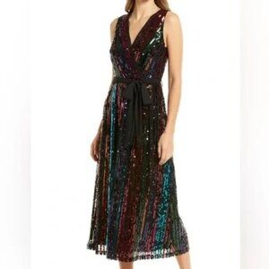 Party Perfect! Julia Jordan Rainbow Sequin Stripe Fit & Flare Cocktail Dress